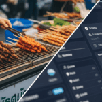 Thai street food vendor grilling skewers alongside Solana blockchain trading dashboard, symbolizing the cultural and digital fusion of the MOO token.