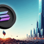 Solana coin rising above the ground with a futuristic city skyline in the background, symbolizing growth and innovation.