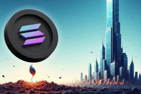 Solana coin rising above the ground with a futuristic city skyline in the background, symbolizing growth and innovation.