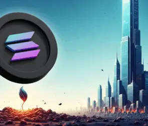 Solana coin rising above the ground with a futuristic city skyline in the background, symbolizing growth and innovation.