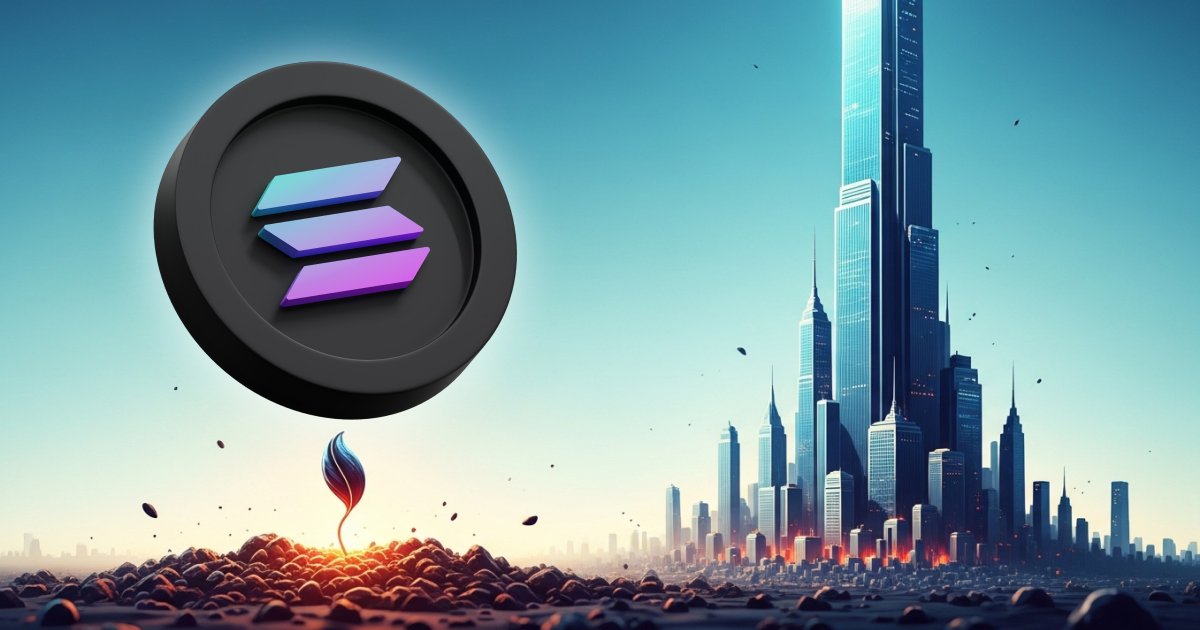 Solana coin rising above the ground with a futuristic city skyline in the background, symbolizing growth and innovation.