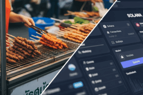 Thai street food vendor grilling skewers alongside Solana blockchain trading dashboard, symbolizing the cultural and digital fusion of the MOO token.