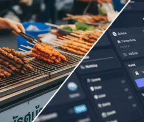Thai street food vendor grilling skewers alongside Solana blockchain trading dashboard, symbolizing the cultural and digital fusion of the MOO token.