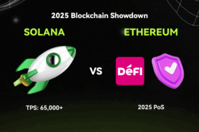 Infographic comparing Solana and Ethereum in the 2025 Blockchain Showdown. Solana is represented by a rocket and labeled with TPS: 65,000+. Ethereum is represented by DeFi and a shield icon, labeled with 2025 PoS.