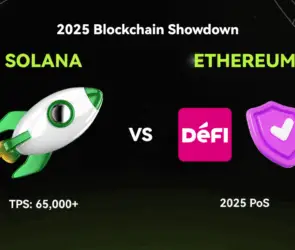 Infographic comparing Solana and Ethereum in the 2025 Blockchain Showdown. Solana is represented by a rocket and labeled with TPS: 65,000+. Ethereum is represented by DeFi and a shield icon, labeled with 2025 PoS.