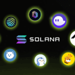 Solana ecosystem projects surrounding the Solana logo, including top DeFi apps, NFT platforms, and meme coins active in 2025.