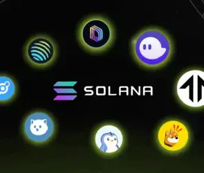 Solana ecosystem projects surrounding the Solana logo, including top DeFi apps, NFT platforms, and meme coins active in 2025.