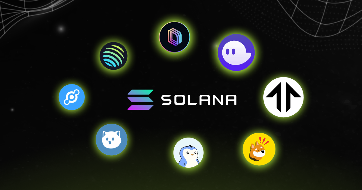 Solana ecosystem projects surrounding the Solana logo, including top DeFi apps, NFT platforms, and meme coins active in 2025.