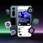 Solana Saga phone displaying dApp store with floating crypto icons including Phantom, NFT tools, and fingerprint security features.