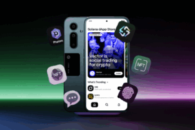 Solana Saga phone displaying dApp store with floating crypto icons including Phantom, NFT tools, and fingerprint security features.