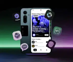 Solana Saga phone displaying dApp store with floating crypto icons including Phantom, NFT tools, and fingerprint security features.