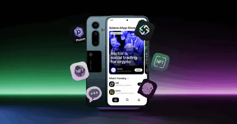 Solana Saga phone displaying dApp store with floating crypto icons including Phantom, NFT tools, and fingerprint security features.