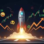 Rocket labeled "BONK" launching amidst candlestick charts, meme emojis, and rising price indicators like $5.58, $198, 23.56, and $8.59, symbolizing volatile crypto market movements.