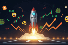 Rocket labeled "BONK" launching amidst candlestick charts, meme emojis, and rising price indicators like $5.58, $198, 23.56, and $8.59, symbolizing volatile crypto market movements.