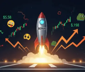 Rocket labeled "BONK" launching amidst candlestick charts, meme emojis, and rising price indicators like $5.58, $198, 23.56, and $8.59, symbolizing volatile crypto market movements.
