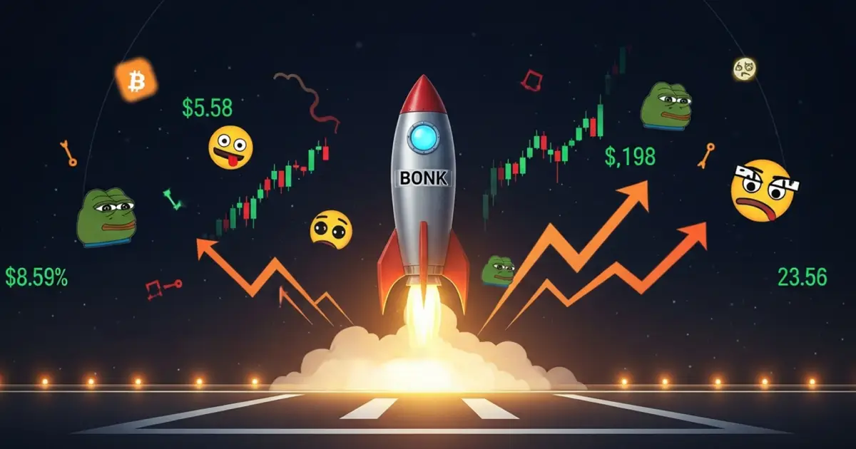 Rocket labeled "BONK" launching amidst candlestick charts, meme emojis, and rising price indicators like $5.58, $198, 23.56, and $8.59, symbolizing volatile crypto market movements.