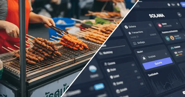 Thai street food vendor grilling skewers alongside Solana blockchain trading dashboard, symbolizing the cultural and digital fusion of the MOO token.