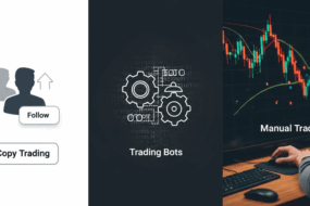 Visual comparison of three crypto trading methods: Copy Trading (represented by a follow button and user icons), Trading Bots (represented by gear icons with binary code), and Manual Trading (a trader analyzing candlestick charts on a screen).