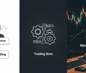 Visual comparison of three crypto trading methods: Copy Trading (represented by a follow button and user icons), Trading Bots (represented by gear icons with binary code), and Manual Trading (a trader analyzing candlestick charts on a screen).