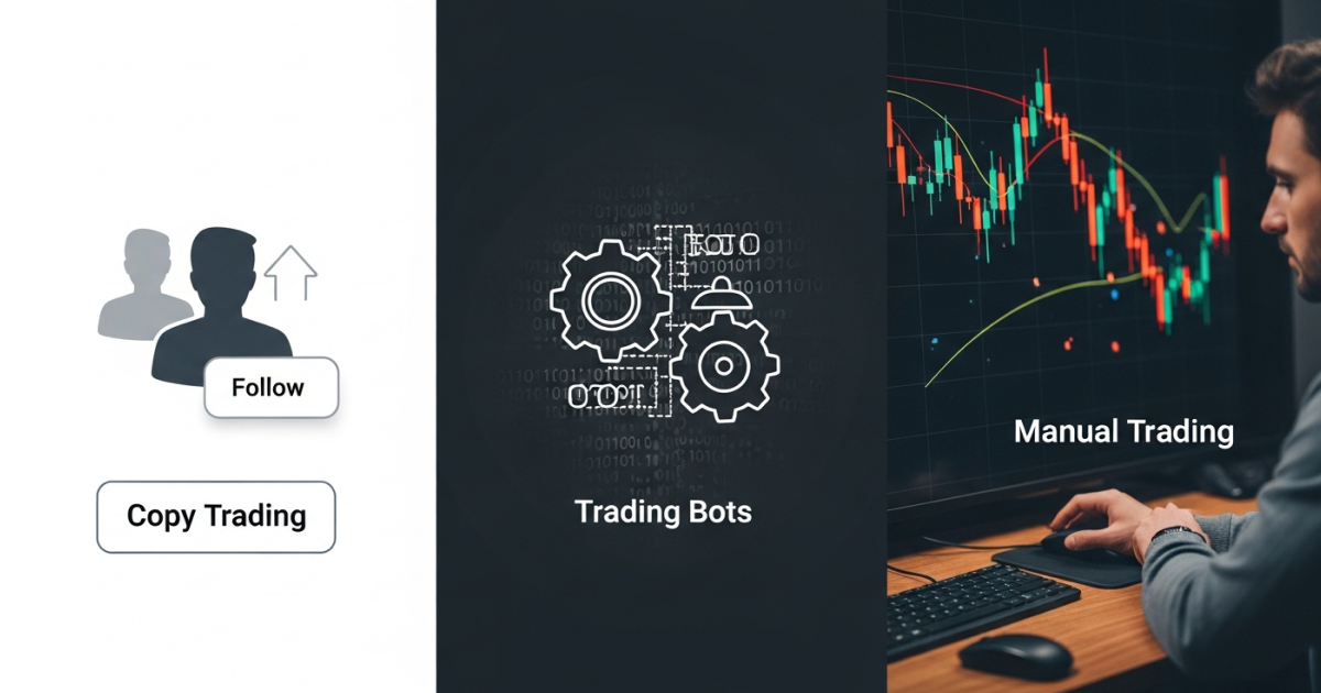 Visual comparison of three crypto trading methods: Copy Trading (represented by a follow button and user icons), Trading Bots (represented by gear icons with binary code), and Manual Trading (a trader analyzing candlestick charts on a screen).