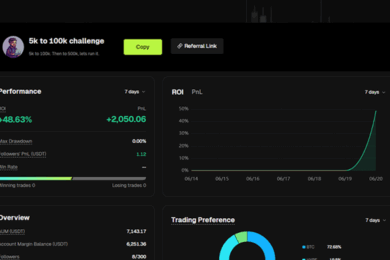 Bitunix copy trading dashboard showing 5k to 100k challenge performance metrics including ROI, PnL, drawdown, and follower statistics
