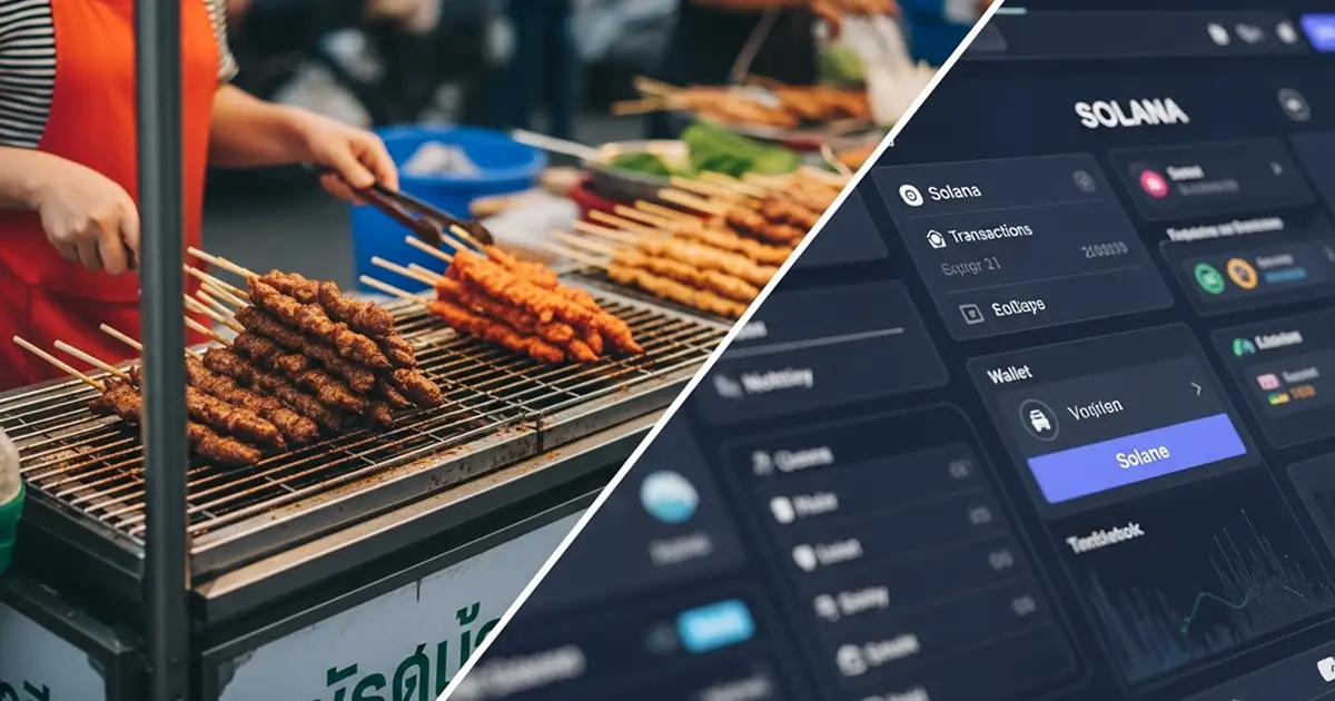 Thai street food vendor grilling skewers alongside Solana blockchain trading dashboard, symbolizing the cultural and digital fusion of the MOO token.