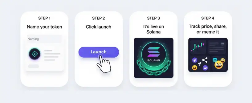 Bitunix A four-step process to launch a token on pump.fun: Name your token, click a launch button, it goes live on Solana, then track price, share, or meme it with various social media and emoji icons shown. | Bitunix Bitunix A four-step process to launch a token on pump.fun: Name your token, click a launch button, it goes live on Solana, then track price, share, or meme it with various social media and emoji icons shown.