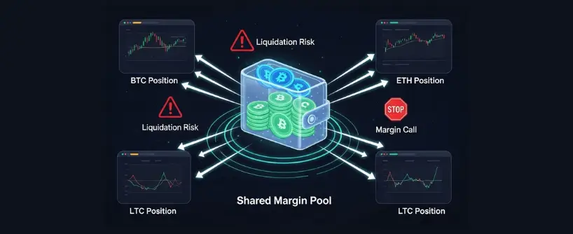 Bitunix A digital diagram shows a shared margin pool and isolated margin accounts connected to BTC, ETH, and LTC positions with arrows. Icons indicate liquidation risks and a margin call affecting the trading positions.