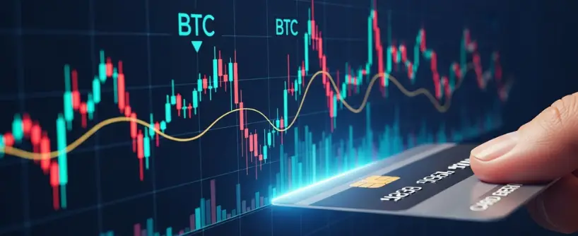 Bitunix A close-up of a hand holding a credit card in front of a digital screen displaying Bitcoin (BTC) price charts and colorful Bitcoin market graphs.