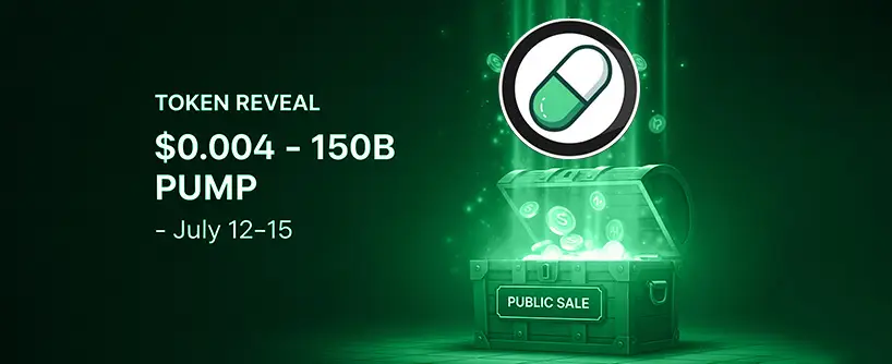 Bitunix Green-themed promotional graphic for a cryptocurrency token reveal on pump.fun. Text displays .004 - 150B PUMP and July 12–15. A glowing chest with coins and Public Sale label appears beneath a pill-shaped token logo. | Bitunix Bitunix Green-themed promotional graphic for a cryptocurrency token reveal on pump.fun. Text displays alt=