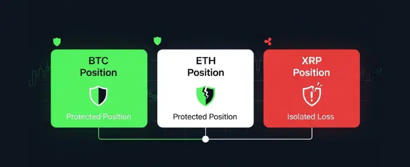 Bitunix A graphic shows three boxes: BTC Position and ETH Position in green and white with shield icons labeled Protected Position, and XRP Position in red with a shield labeled Isolated Loss, highlighting the use of isolated margin for added risk management.