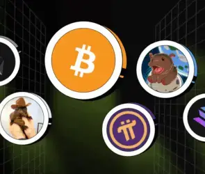 Bitunix Six circular icons float against a black grid background. Four show logos for Bitcoin, Ethereum, Pi, and Solana; two display cartoon animals, one a frog in a hat and the other a smiling capybara.