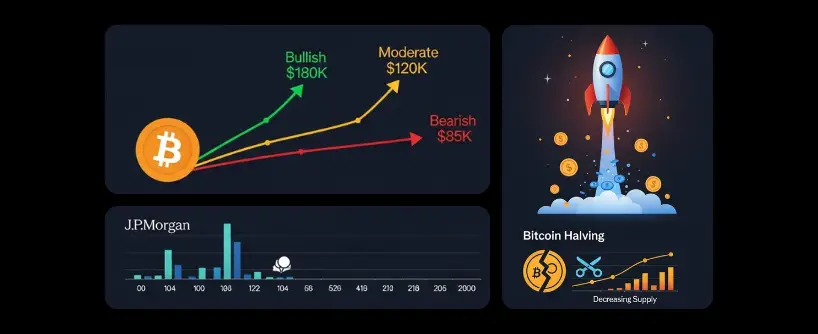 Bitunix Infographic showing bitcoin price predictions: Bullish at 0K, Moderate at 0K, Bearish at K. Includes a J.P. Morgan bar chart, a bitcoin rocket, and a halving chart indicating decreasing supply. | Bitunix Bitunix Infographic showing bitcoin price predictions: Bullish at 0K, Moderate at 0K, Bearish at K. Includes a J.P. Morgan bar chart, a bitcoin rocket, and a halving chart indicating decreasing supply.