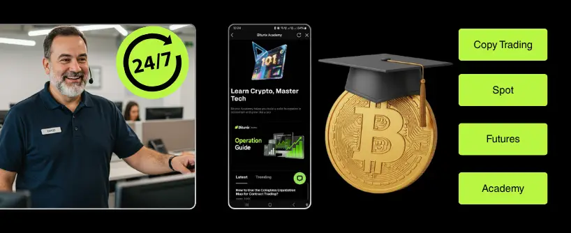 Bitunix A smiling man in an office, a phone screen showing a bitcoin academy app, a Bitcoin coin with a graduation cap, and green buttons labeled Copy Trading, Spot, Futures, and Academy on a black background. | Bitunix Bitunix A smiling man in an office, a phone screen showing a bitcoin academy app, a Bitcoin coin with a graduation cap, and green buttons labeled Copy Trading, Spot, Futures, and Academy on a black background.