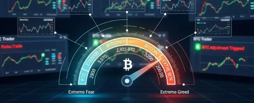 Bitunix A digital Bitcoin gauge displays market sentiment, from Extreme Fear to Extreme Greed. The background features multiple trading charts and data points related to cryptocurrency markets.