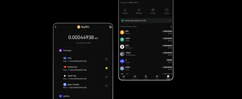 Bitunix Two smartphone screens show cryptocurrency wallet apps. The left displays a Buy Bitcoin (BTC) page with payment options like VISA and Apple Pay, while the right lists various cryptocurrencies and their balances.