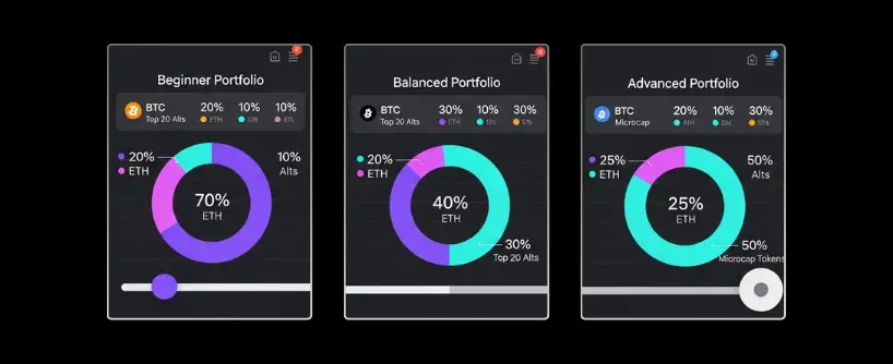 Bitunix Three portfolio charts labeled Beginner, Balanced, and Advanced show asset allocations for crypto spot trading, with varying percentages of BTC, ETH, and other altcoins in colorful pie charts and numeric labels. | Bitunix Bitunix Three portfolio charts labeled Beginner, Balanced, and Advanced show asset allocations for crypto spot trading, with varying percentages of BTC, ETH, and other altcoins in colorful pie charts and numeric labels.