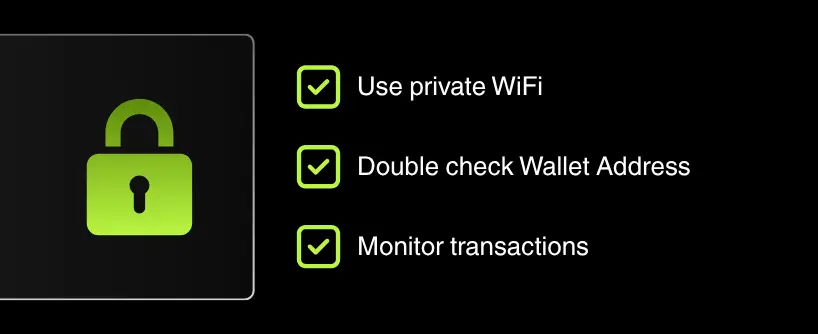 Bitunix A green padlock icon with three Bitcoin security tips: use private WiFi, double check wallet address, and monitor transactions. Each tip features a green checkmark beside it against a sleek black background.