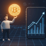 3D character holding a glowing Bitcoin symbol next to a smartphone showing a rising chart, representing Bitcoin investment growth.