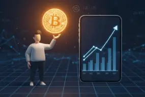 3D character holding a glowing Bitcoin symbol next to a smartphone showing a rising chart, representing Bitcoin investment growth.