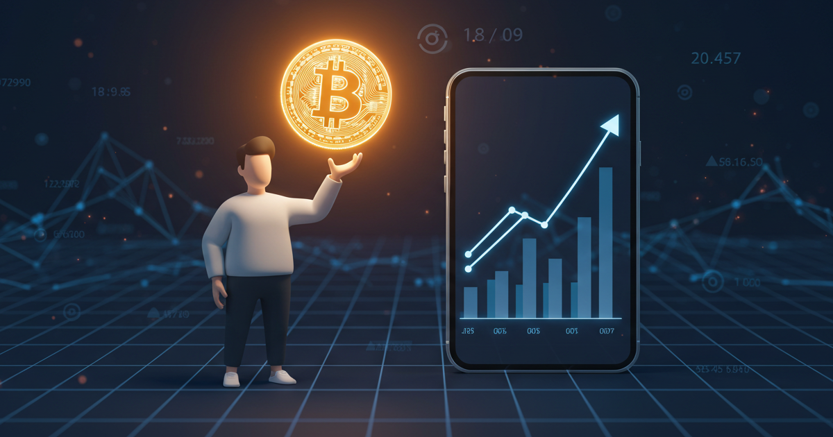 3D character holding a glowing Bitcoin symbol next to a smartphone showing a rising chart, representing Bitcoin investment growth.