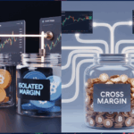 Visual comparison between Isolated Margin and Cross Margin trading systems, featuring jars labeled with Bitcoin tokens and multiple trading screens connected by glowing lines.