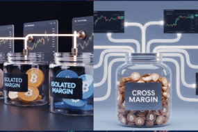 Visual comparison between Isolated Margin and Cross Margin trading systems, featuring jars labeled with Bitcoin tokens and multiple trading screens connected by glowing lines.