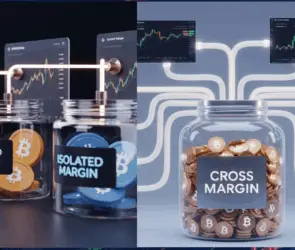 Visual comparison between Isolated Margin and Cross Margin trading systems, featuring jars labeled with Bitcoin tokens and multiple trading screens connected by glowing lines.