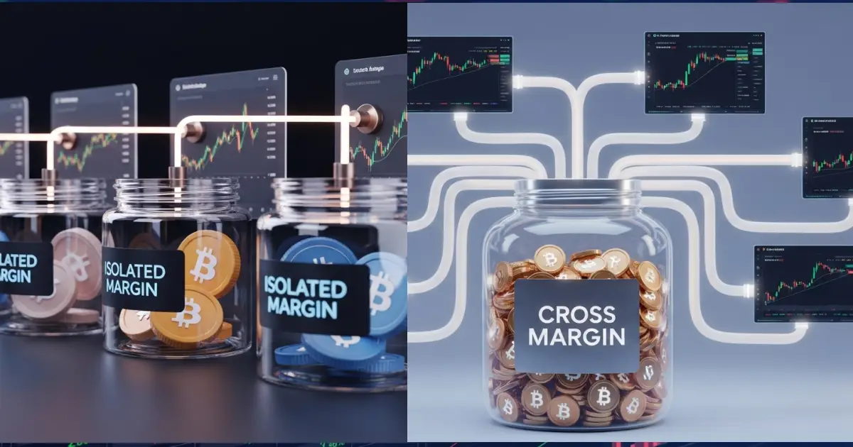 Visual comparison between Isolated Margin and Cross Margin trading systems, featuring jars labeled with Bitcoin tokens and multiple trading screens connected by glowing lines.