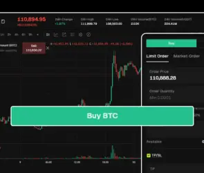 Crypto trading interface showing a limit order to buy BTC with USDT on a live chart