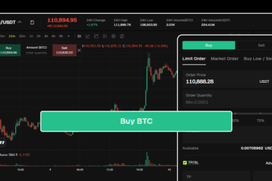 Crypto trading interface showing a limit order to buy BTC with USDT on a live chart