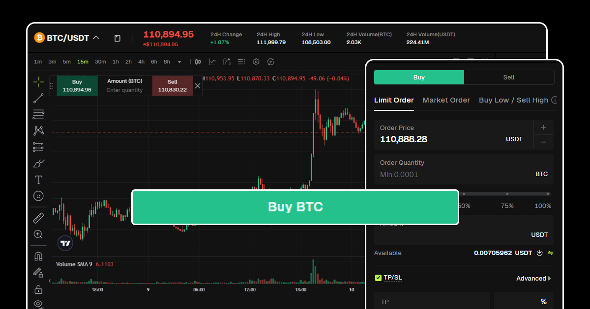 Crypto trading interface showing a limit order to buy BTC with USDT on a live chart