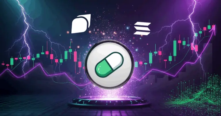 Pump.fun meme coin surges on Solana with rising candlestick chart and lightning background