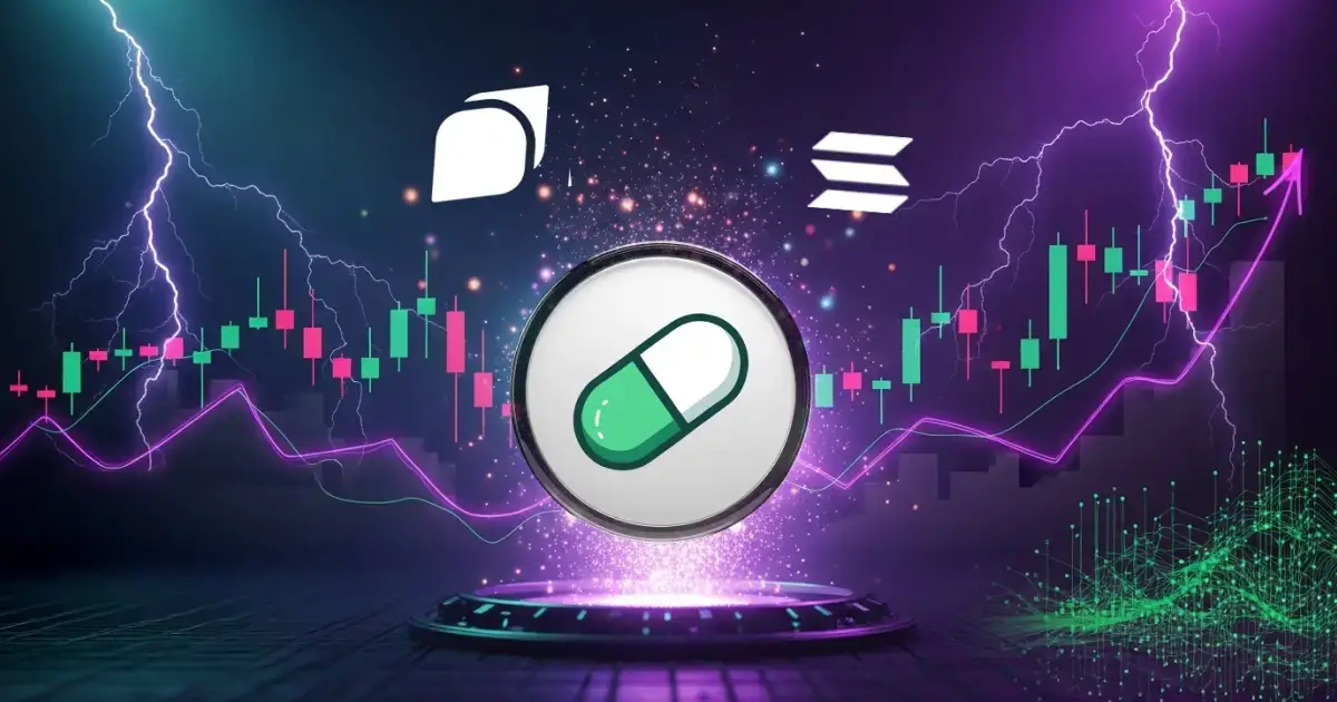 Pump.fun meme coin surges on Solana with rising candlestick chart and lightning background